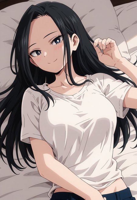 momo_yaoyorozu, 1girl, 1girl,score_9, score_8_up, score_7_up, black hair, black eyes, white pupil, solo, long hair, smile, shirt, collarbone, portrait, white shirt, lying, on bed, breasts,  looking at viewer, blush, closed mouth, animestyle, hairdown