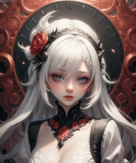 (masterpiece), (best quality), (vibrant light colors), intricate pattern, <lora:AnzhcDreamwave v3_1 watermark fix:0.5> anzhcdreamwave, aesthetic, canvas with red paint, 1girl, white hair, pale, creativity, white dress, hair ornament, dreamlike, <lora:more_details:0.5>, (blurry background:1.1)