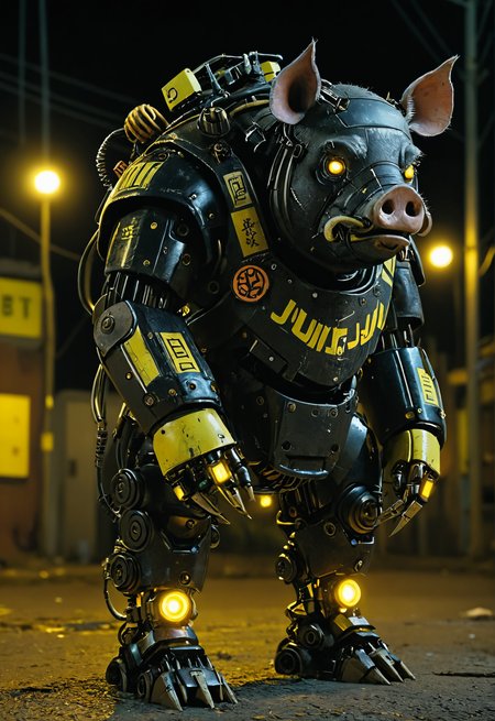black pig robot, at night, frontal view, yellow glow in the dark color scheme,documentary style realism, responsibility, high saturation, dark atmosphere,scary atmosphere,  Junji lTO, Chinese Punk, <lora:add-detail-xl:1>  <lora:Cyberpunk _Anime_sdxl:1>