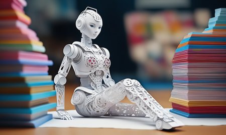 Stacked papercut art of <lora:papercarvingcd_xl-000005:0.6>,a female robot made of papercarvingcd_xl on floor,colorful,full body,miniature,tilt-shift,indoors,mecha,looking at viewer,front view,8K,HDR,UHD,masterpiece,best quality,highly detailed,high resolution,finely detail,extremely detailed,ultra detailed,wallpaper . 3D, layered, dimensional, depth, precision cut, stacked layers, papercut, high contrast