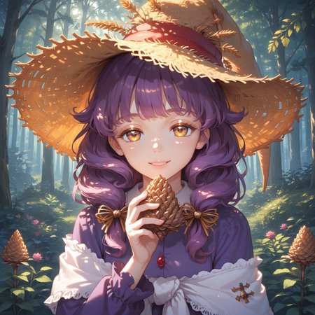 score_9, score_8_up, score_7_up, source_anime, 1girl, Rozenmarine, purple dress, shawl, witch hat, hair bow, white pantyhose, yellow shoes, glossy hair, full body shot
BREAK
masterpiece, best quality, character portrait, intricate detail, highly detailed, fine details, ambient light, soft lighting, 1girl, solo, very detailed hands, beautiful face, beautiful eyes, detailed face and eyes, half closed eyes, happy smile, glamorous, close-up, presenting a pinecone to viewer, pov from above, forest background
