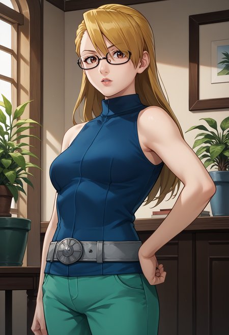 score_9, score_7_up, source_anime, 1girl, cowboy shot, looking at viewer, parted lips, hand on own hip, <lora:AdrianAA-pdxl:1> andrews, blonde hair, long hair, asymmetrical bangs, brown eyes, glasses, sleeveless shirt, medium breasts, blue shirt, turtleneck, grey belt, green pants, indoors, potted plant