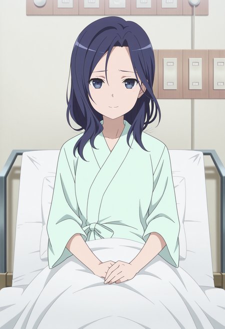 1girl,solo,Kaoru Furushou,long hair,blue hair,blue eyes,anime coloring,
hospital gown, hospital bed, on bed,looking at viewer, sad smile,indoors
,masterpiece,best quality,amazing quality,<lora:Kaoru_Furushou-Highschool_Fleet:0.8>