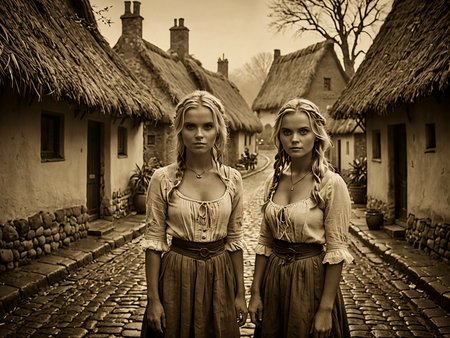Professional photography. award winning cinematic photo.

The village of the cursed. Cobblestone road. Thatched roof.

Sepia. 26yo blonde adults with wide staring eyes. 

Atmospheric, rustic, misty. Vivid.