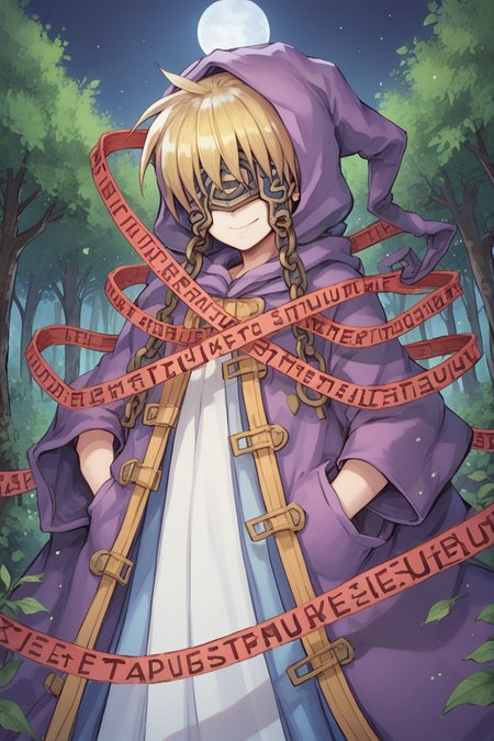 (score_9, score_8_up, score_7_up, score_6_up), source anime, BREAK, solo,  <lora:Nessiah-000013:0.75> , nesdef, 1boy, blonde hair, mask, covered eyes, robe, purple robe, hood up, caution tape, red caution tape, chain, cuffs, exterior, forest, trees, fortress, castle, cowboy shot, night, moon, forest, zen garden, (hands in pockets), smile, closed mouth,  <lora:zy_Detailed_Backgrounds_v1:0.5> , detailed background, highly detailed,   <lora:backgroundsetXL:0.4> , background,  <lora:m4gXLP:0.8> , m4g,