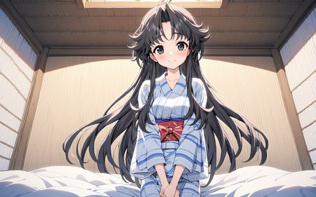 1girl, chisa\(memories off 6\), solo, futon, tatami, looking at viewer, pillow, black eyes, black long hair, red sash, red bow, white yukata, on bed, bed sheet, v arms, smile, indoors, blush, sidelocks, masterpiece, best quality, very aesthetic, absurdres, vivid colors, highres, 4k, 8k, intricate detail, cinematic lighting, wallpaper <lora:chisa_v2:1>  <lora:aesthetic_anime_v1s:1>
