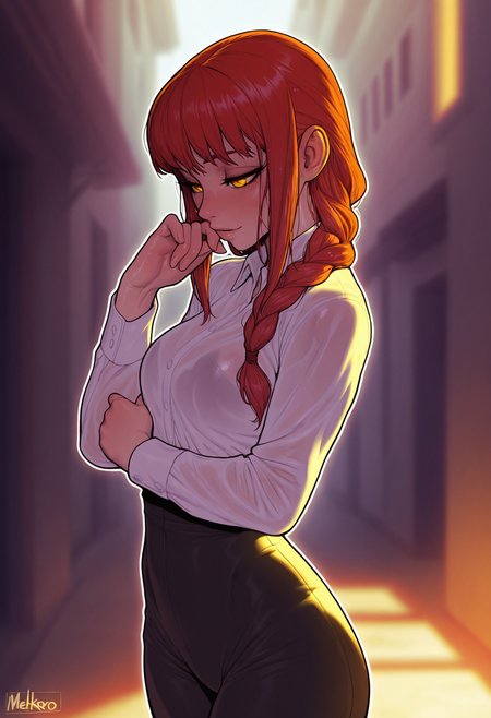 masterpiece,best quality,amazing quality,
artist: melkor,, (artist: incase:0.7), white outline glow, long wet hair, chromatic abberation, blurred background, dimmed background,
1 girl,  alluring, pose,  
makima ,
 default clothing,  default location,
detailed character, detailed face, detailed skin, detailed hair, detailed clothing,