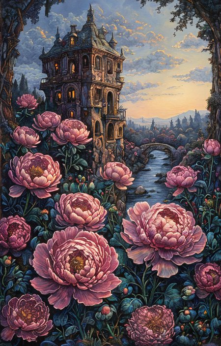 masterpiece,best quality,<lora:tbh179-sdxl:0.9>,illustration,style of David Welker, decaying peonies