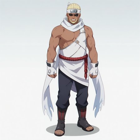white background,gradient background,
,full body, front view, evil grin,
<lora:killerbee v0:0.9> killerbee, 1boy, solo, sunglasses, headband, short hair, blonde hair, facial hair, beard, dark skin, dark-skinned male, facial mark, no eyebrows, 
gloves, white dress, white gloves, fingerless gloves, pants, bare shoulders, standing, scarf, rope, muscular,  muscular male,
anime screencap, masterpiece, best quality,