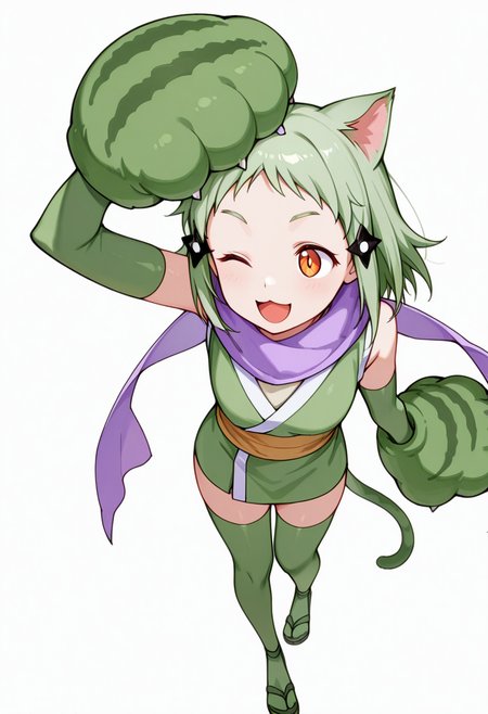 masterpiece,high quality details, absurdres, 
body curled sideways, arm supporting head, legs stacked and bent  ,
 <lora:Mao_Kusagakure:0.8>
mao_cnr, 1girl, green hair, short hair,orange eyes, cat ears,cat tail,hair ornament,
ninja, japanese clothes, kimono, sleeveless kimono,purple scarf,elbow gloves,green thighhighs, sandals,paw gloves,cat paws,, ;d,, simple background, white background, from above,solo,
