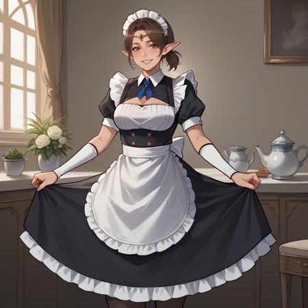 score_9, score_8_up, score_7_up, rating_safe,
brown hair, short ponytail, circlet, maid outfit,
elf, mature woman, looking at viewer, slight smile,
<lora:HEPRINCESS:0.8>