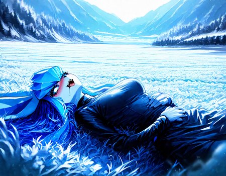 pokemon, glaceon , 1girl, ban! \(bansankan\):0.7, quasarcake:0.8, wlop:0.9, animal_ears ,animal_nose,blue_fur ,blue_hair ,blue_sclera, blue_sky ,blue skin,blue_theme, blurry, blush, body_fur, breasts,colored_sclera, cowboy_shot ,  fang, furry ,furry_female,  happy , medium breasts, looking_down , nose_blush, outdoors, personification ,pokemon_(creature),long_hair, shiny_skin ,sidelocks,sky, smile, solo ,sweat , tail ,white_eyes, long_sleeves, black_shirt ,black dress,leg_ribbon, ,
 pov, looking at viewer, lying, tongue ,tongue_out , open mouth, saliva,saliva_trail ,saliva_drip ,on back, from above,
snowy, snow, outdoors, field, mountain, cloudy sky, trees, fr0stwrld, ice ,
masterpiece, best quality, Good quality, very aesthetic, absurdres, newest, (Perfect details), solo,
<lora:Fr0stWrld4:0.7>, <lora:ponyv5_noobV065S_1_adamW:0.8>, <lora:illustrious_noobai_epsilon_pred_1_best_quality_v1:0.7> ,<lora:illustrious_noobai_epsilon_pred_11_very_aesthetic_v1:0.7> ,<lora:illustrious_noobai_epsilon_pred_1_masterpieces_v1:0.7>