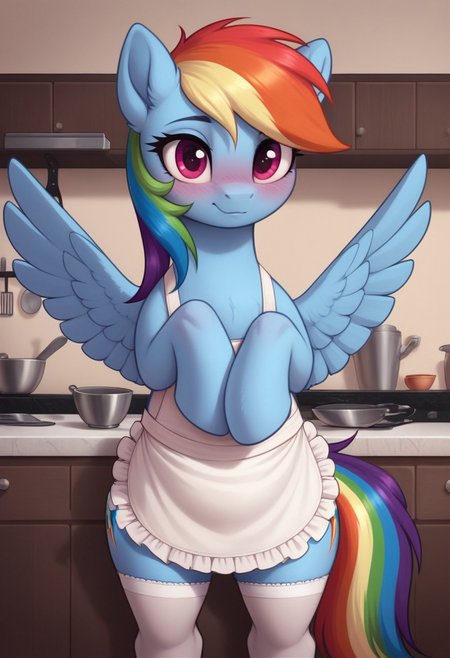 score_9, score_8_up, score_7_up, score_6_up, pony, pegasus, feral, mare, solo, (rainbow dash), no breasts, kitchen, indoors, (evening), tail, photo_realistic, blushing female, anatomically correct, looking at you, standing on 4 legs, white stockings, chef apron, white apron, front view, pregnant