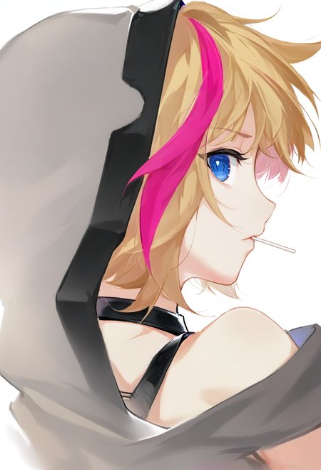 1girl, solo, blue eyes, streaked hair, white background, multicolored hair, blonde hair, simple background, choker, looking at viewer, food, lollipop, candy, pink hair, black choker, mouth hold, upper body, bare shoulders, bangs, looking back, profile, hood <lora:solaXL_NBVP1_lokr_V6311P:0.95>