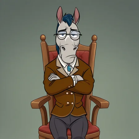 <lora:Mr._Horse_-_Ren__Stimpy:1> MrHorseIL, standing, crossed arms, thinking, with a with a hoof under the chin, sitting in a psychiatrist's chair,  HDA_MasterpieceXLclassic, looking at viewer, earing a formal wear and glasses
