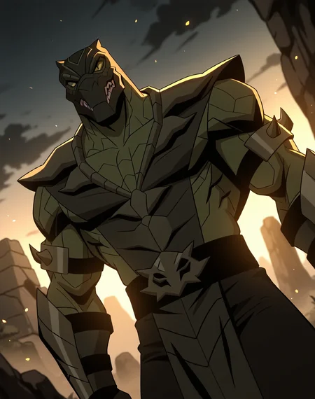 <lora:Reptile_(Mortal_Kombat_Legends_Scorpion's_Revenge)_(Illustrious)_(AD):1> Reptile_MK, muscular, Mortal Kombat, 
dutch angle, exterior, monumental architecture, wasteland, dark night sky with black clouds, mountains, ancient Asian stone ruins, 
male focus, gradient coloring, villain, cowboy shot, 
BREAK very awe, aesthetically pleasing, masterpiece, best quality, amazing quality, very aesthetic, perfect depth of field shot, in'ei, source_furry, furry_art, 
Smooth Quality, lazympos, IllustQualXL_Pos,