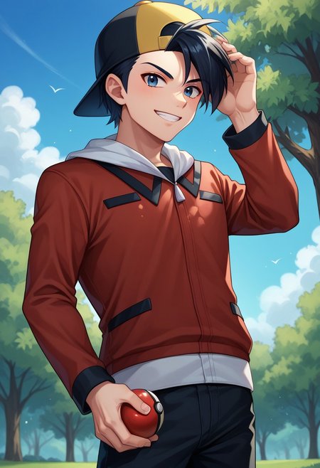 score_9, score_8_up, score_7_up, source_anime, highly detailed, 
pokegold, male focus, 1boy, hat, solo, jacket, backwards hat, holding, poke ball, holding poke ball, red jacket, poke ball (basic),  smile, black hair, baseball cap, short hair, pants, long sleeves, standing,
upper body, hand on headwear, looking at viewer,
outdoor, tree, sky,