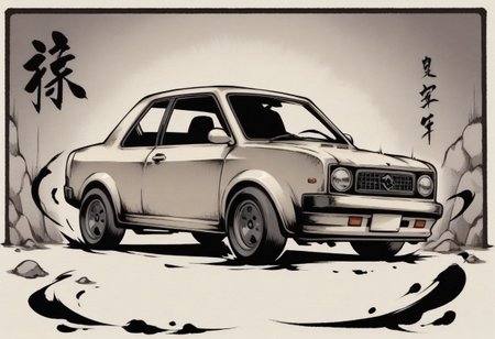 sumi-e, minimalist style, heavy ink, thick lines, smudged lines,
Chandra gasps in shock as a car crashes into the wall