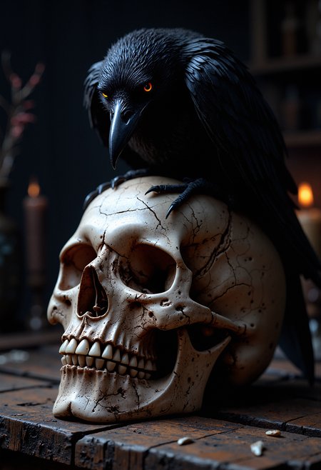 A close-up of a human skull, aged and cracked, resting on a wooden table. Perched on top of the skull is a large, black raven with piercing eyes. The raven’s feathers are detailed, with some ruffled as if it just landed. The skull’s eye sockets are deep and dark, with small cracks running across the surface, adding a sense of decay and age. The table is rough and worn, with visible grain and splinters. The background is dark, with a faint hint of candlelight flickering in the distance, creating a haunting, gothic atmosphere. An old, abandoned library with cobwebs hanging from the shelves.<lora:FluxMythP0rtr4itStyle:0.8> MythP0rt, <lora:aidmaImageUpgrader-FLUX-V0.1:0.25> detailmaximizer,