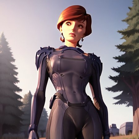 score_9, score_8, score_7, break, margaret_fb, short hair, brown hair, brown eyes, earrings, bodysuit, low angle, curvy, outdoors, trees, natural lighting