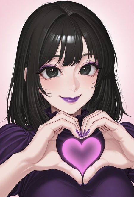 ,  1girl, solo, medium build, medium hair, sfw, safe for work, covered skin, flowy dress,  black eyes, purple lipgloss, smiling, portrait, upper body, heart hands, foreshortening, detailed, newest, tomiokasena