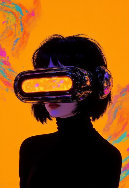 HD, high-resolution cyberpunk-inspired photograph featuring a young woman with short, tousled hair, dressed in a sleek black turtleneck with a high collar. Large, glossy black over-ear headphones frame their face, contrasting sharply with the vibrant, uniform yellow background, now adorned with vibrant illusion patterns that ripple across the surface. These swirling, geometric designs in neon hues of purple, pink, and cyan create a dynamic, futuristic effect, enhancing the immersive atmosphere. A glowing, rectangular screen hovers over their eyes, emitting a vivid orange light that suggests a futuristic virtual reality interface or cybernetic enhancement, casting a subtle glow onto their face. The background’s bold yellow tone, combined with the illusion patterns, heightens the contrast of the figure's dark attire and accessories, emphasizing the minimalist yet impactful composition. The image is styled with a retro-futuristic touch, featuring a subtle grainy texture reminiscent of early digital photography, adding depth and a nostalgic edge to the cyberpunk aesthetic. The sharp interplay of bold colors, glowing technology, and clean lines evokes themes of virtual reality immersion, advanced technology, and modern digital exploration, with a hint of mystery and innovation in the partially obscured face. (midjourney_whisper_avant_couture, aidmaimageupgrader, ne0nfant4sy, aidmaMJ6.1, perfection style)