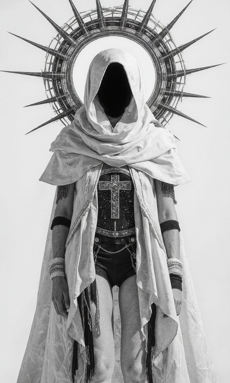 A medium, eye-level shot showcases a digital artwork of a figure adorned in an elaborate, futuristic, white-and-black costume, set against a plain, white background, the overall aesthetic is a blend of high-fashion, gothic, and celestial elements, creating a striking, almost otherworldly appearance. The figure, whose face is completely obscured by a black void beneath a white hood, with its Body pose is standing tall and facing the camera directly, creating an imposing and enigmatic presence, and the pose is static and symmetrical, emphasizing the intricate details of the costume. The image Composition relies on sharp lines, smooth gradients, and a stark contrast between black and white, with subtle hints of silver, creating a sense of futuristic elegance. A large, black, spiked halo-like structure encircles the figure's head, resembling a crown of thorns or a stylized sunburst, with the spikes extending outwards, dominating the upper portion of the image, and a bright spot right on the top of the head. The figure is draped in a flowing, white, satin-like cloak or robe, which covers most of its body, with The cloak features intricate details, such as sheer, layered sleeves with black trim, and delicate, silver embellishments along the edges, and draped elegantly. Beneath the cloak, a black, form-fitting bodice or corset is visible, adorned with sparkling details that resemble a starry night sky, with The bodice features a central, ornate design resembling a stylized cross or celestial symbol, and long, black, fringe-like elements hang from the bottom of the bodice, adding movement and texture. Delicate silver chains and embellishments are draped across the figure's chest and shoulders, adding to the overall celestial and regal aesthetic, all of that is on a Background, is pure white and completely unadorned, The lighting is bright and even, seemingly coming from the front, illuminating the figure uniformly and casting subtle shadows beneath the folds of the cloak and the halo's spikes., <lora:FLUX-daubrez-DB4RZ-v2:0.3> DB4RZ, DB4RZ style painting
<lora:aidmaRealisticSkin:0.8> aidmarealisticskin