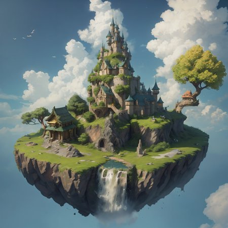 (incredibly detailed, 8k, hd, ultra-detailed) <lora:floating island:0.8> floating, island, fantasy, a town on a floating island, with, towers, trees,  temples, sky, blue sky    <lora:SyFyEye1_v2.0:0.8> syfyeye1 Style-GHL Style-EMCG