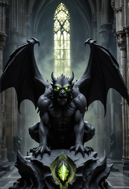 (medium full shot) of (imposing obsidian black rough stone gargoyle) with humanoid body , feathered wings, olive green eyes, broken horns, spiked tail spines along back, set in  a mystical gothic cathedral, with glowing runes, echoing chants, an enchanting aura, ,Masterpiece,best quality, raw photo, realistic, very aesthetic, dark