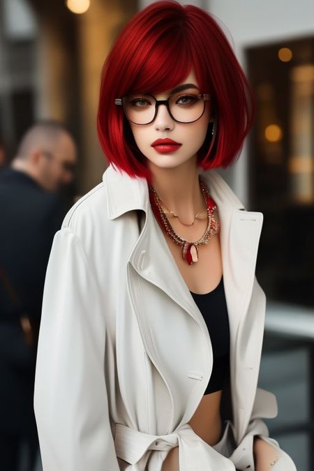 masterpiece, best quality, ultra detailed, bellissima, 1girl, white top, black pants, trench coat,  Armani style, very short hair, red hair, freckles, earrings, necklace, glasses, cowboy shot