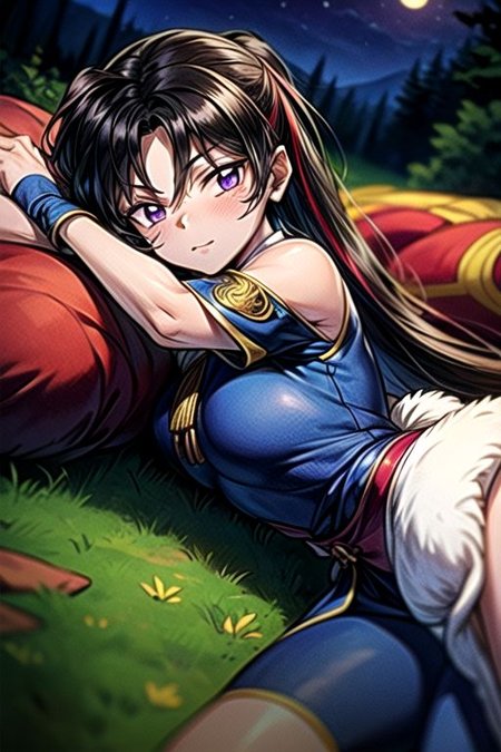 best quality 1girl Setsun4 solo long hair,  (night time) forest background black hair very long hair purple eyes multicolored hair armor, small, (fur trim) (medium body),<lora:EMS-179-EMS:0.800000>,<lora:EMS-293862-EMS:0.800000> bow, hair_bow, hair_tubes, red_bow, brown_hair, long_hair, bangs, ascot, frilled_bow, yellow_ascot, blush, smile, hair_between_eyes, athletic, armor, miko, ,(((intricate outfit,intricate clothes,embroidered outfit,ornate outfit,embroidered clothes,ornate clothes))), laying down, lying down