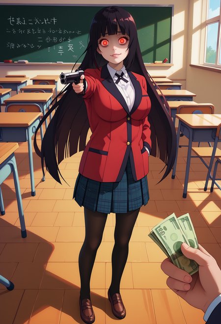 score_9, score_8_up, score_7_up, POV holding money,
yumeko jabami, long hair, bangs, black hair, very long hair, blunt bangs, hime cut, red eyes, large breasts, skirt, shirt, school uniform, jacket, white shirt, pantyhose, pleated skirt, collared shirt, black pantyhose, blazer, red jacket,
holding weapon, holding gun, handgun, hand in pocket, aiming, full body,
gesugao, constricted pupils, smug, shaded face,
school, inside school, dark classroom
<lora:YusufDikecGunPose_pdxl_Incrs_v1:0.8>
<lora:yumeko-jabami-s2-ponyxl-lora-nochekaiser:0.8>
<lora:POV_holding_money:0.8> , zPDXL2