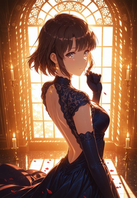 safe_pos, safe_pos, 1girl, solo, Megumi <lora:IL-KatoMegumi:0.8>,brown hair,katou megumi,brown eyes,medium breasts,short hair hair,deadpan eyes,((detailed eyes))

grand ballroom, golden chandeliers, soft candlelight, tall arched windows , backless gown, intricate lace patterns, navel, cleavage, delicate elbow gloves, twirling hair, rose petals, warm ambient lighting, elegant and mesmerizing pose, looking at viewer,

dynamic angle, (close-up shot), from back, from 45 degrees, cinematic framing, cool toned lighting,(digital painting:0.8), mythp0rt, bokeh, 

elegant, masterpiece, best quality, highly detailed, high contrast, dramatic shadows, raytracing