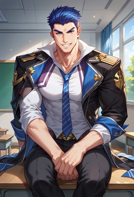 safe_pos, Score_9, Score_8_up, Score_7_up, best quality, shading, shading detailed, countershading, Expressiveh, dynamic scene, inside classroom, anime

(((solo))), 1boy, bara, masculine, male focus, ba jayce, handsome face, blue hair, blue eyes, short hair, pale skin, muscle, big arms, big chest, thick thighs, detailed skin, skin shading, open jacket, white shirt, blue necktie, jacket on shoulders, pants, manspreading, smirking at viewer, sitting on desk, crossing leg, sitting casually