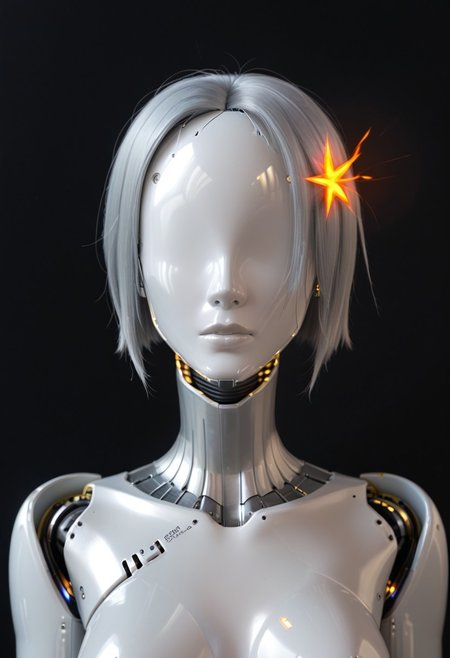 A 35mm photo of a beautiful broken robotic woman, she has a faceless robotic head, robot, silver hair, smooth dark grey metallic featureless feminine body, sparks coming from her damaged neck
no face