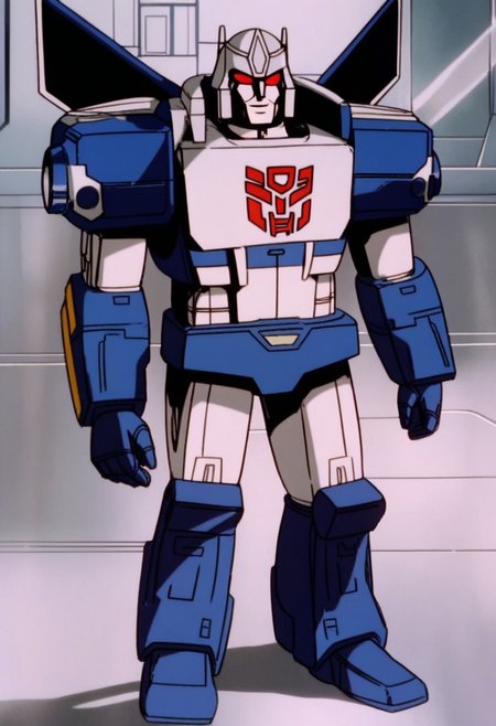 score_9, score_8_up, score_7_up, animation, transformers, 1boy, robot, Decepticon, Tall, bulky, Seeker, Starscream glowing eyes, red eyes, large eyes, circular eyes, Black armor, Forard swept wings, transforms into futuristic Stelth Mig Fighter Jet, full body, cowboy shot, smiling, holding null ray blasters, Decepticon Symbol  <lora:StarScream1.2:1>