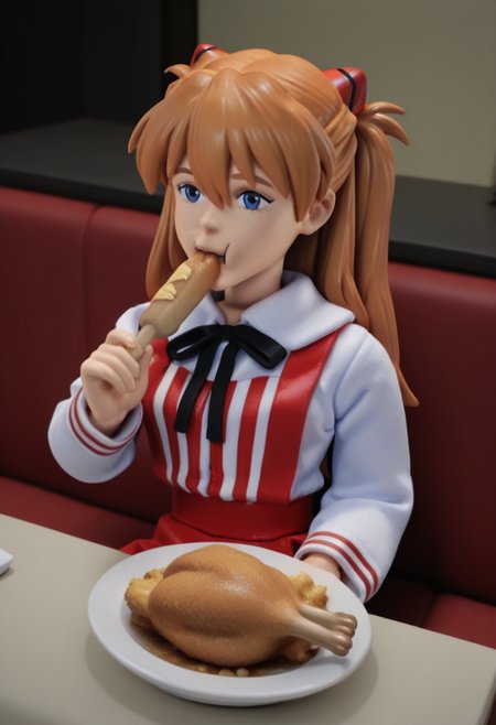 r0b0style, 3d figure,   masterpiece, best quality, solo,                  asuka langley, ginger hair,  sitting in kfc, chicken drumstick on plate, eating, 