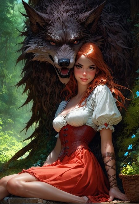 score_9, score_8_up, score_7_up, score_9, score_8_up, score_8, realistic, 3/4 pic, 19 year old sexy woman, brown eyes, detail eyes, detail face, focus on face, perfect face, Little red riding hood, sitting under a tree, (((big dark wolf laying beside her))), dark forrest, looking  at viewer, she has a wicker basket with a lid beside her, orange  brown lether corset , short red mini skirt, skirt floting in wind, big round breast, seductive body, cute sexy pose, petite body, flirtatious look, forest background, 8k detail, smooth image, detailed face,