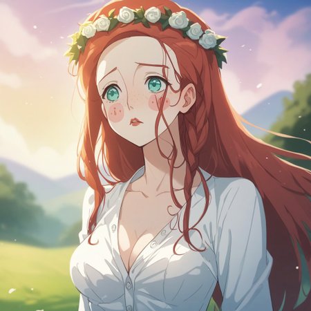 score_9, score_8_up, score_7_up, source_anime, expressive, anime,  dynamic, 1girl, white skin, blush_stickers and freckles, long hair, red hair, red_lips, aqua_eyes, shy, blush, uncensored, (S1GR1DTotG), source_hentai, unbuttoned, white_dress, breasts, blurry_background, head_wreath,