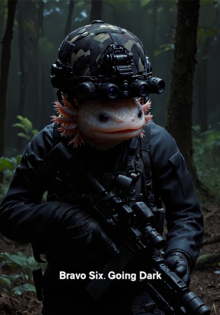 anthropomorphized axolotl wearing on head n0ds quad-tube panoramic optical device four horizontally aligned cylindrical green lenses attached to the front of the high tech multicam military helmet, dressed in black tactical military gear in a dark forest at night, white subtitles at the bottom "Bravo Six. Going Dark" the axolotl has pink frilly gills and round black eyes, axolotl<lora:n0ds_epoch_23.safetensors:1.0:1.0> <lora:Axomodel_Flux_V1.1.safetensors:1:1>