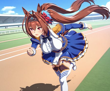 masterpiece, best quality, amazing quality, , 1girl, solo,  umamusume, racetrack, running,    <lora:Daiwa Scarlet in game style 3D:1> ummsmingame, 3d, daiwa scarlet \(umamusume\),