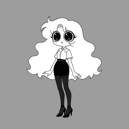 Xiaro, 1girl, solo, monochrome, big eyes, long wavy white hair, white short-sleeved office shirt, black skirt, black pantyhose, black heels
 cartoon, simple, minimalist, plain style