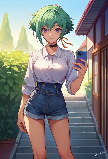 score_9, score_8_up, source_anime, 1girl, solo, ZessicaWong, short hair, hair ribbon, white shirt, dress shirt, black choker, holding cellphone, denim shorts, high-waist shorts, outdoors, smile, <lora:ChamZessicaWongPonyXL:1>