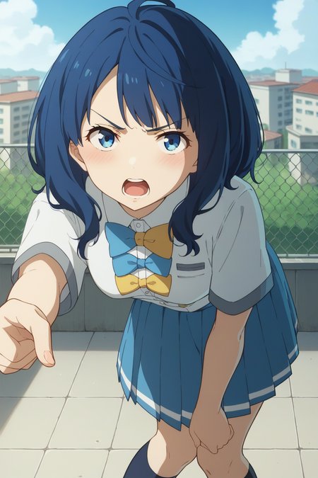 score_9, score_8_up, score_7_up, source_anime, 1girl, prefect lighting, very aesthetic, intricate details, highly detailed background, masterpiece, high quality, prefect hands, best quality, solo,
<lora:Anna_Yanami_Too_Many_Losing_Heroines_V1:.85>, KJOanna, blue hair, blue eyes, medium hair, 
school uniform, blue pleated skirt, kneehighs, short sleeves, bow, 
leaning forward, pointing at viewer, looking at viewer, angry, blush, open mouth, 
rooftop, 
(Beautiful,  small Breasts:1.2), natural breasts,