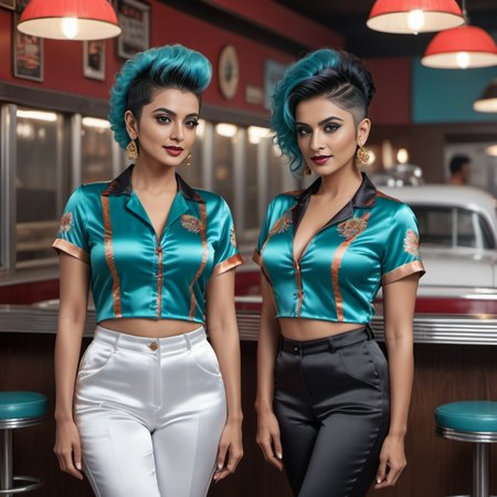(full body shot) cute two indian middle aged women wearing a Retro diner-inspired prints  satin_teeshirt, Mohawk  hair style, hyperdetailed photography,4k textures,intricate details,4k resolution  ship scene, ((dark cinematic still))   <lora:satin_teeshirt_v1:0.7>