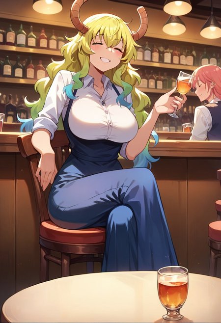 score_9, score_8_up, score_7_up, masterpiece, best quality, expressive, background, bar, bartender, smile, Lucoa_(Maidragon), masterpiece, best quality, 1girl, sitting down, chair, thick.