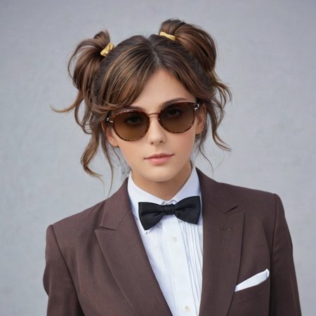 masterpiece, best_quality, 1girl, solo, <lora:k'ra v6.0 XL:0.8>, k'ra, grey eyes, brown hair, suit, bowtie, sunglasses in hair, score_9, score_7_up, source_anime, ntm,