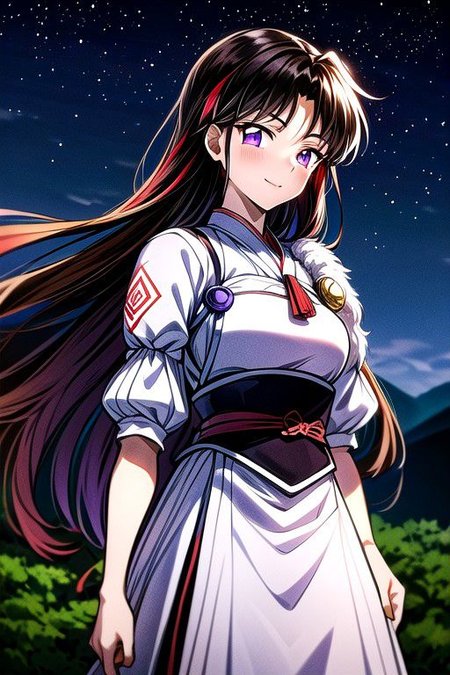 masterpiece,  best quality 1girl Setsun4 solo long hair,  (night time) forest background black hair very long hair purple eyes multicolored hair armor (fur trim) (medium body),<lora:EMS-179-EMS:0.800000>,<lora:EMS-293862-EMS:0.800000> bow, hair_bow, hair_tubes, red_bow, brown_hair, long_hair, bangs, ascot, frilled_bow, yellow_ascot, blush, smile, hair_between_eyes, athletic, armor, miko, ,(((intricate outfit,intricate clothes,embroidered outfit,ornate outfit,embroidered clothes,ornate clothes))),