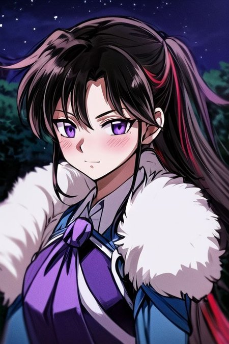 masterpiece,  best quality 1girl Setsun4 solo long hair,  (night time) forest background black hair very long hair purple eyes multicolored hair armor (fur trim) (medium body),<lora:EMS-179-EMS:0.800000>,<lora:EMS-293862-EMS:0.800000> bow, hair_bow, hair_tubes, red_bow, brown_hair, long_hair, bangs, ascot, frilled_bow, yellow_ascot, blush, smile, hair_between_eyes, athletic, armor, miko