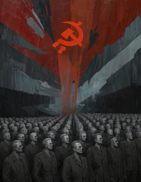 surreal painting of communist propaganda, dark theme, abstract painting background,  <lora:DiscoDeliriumXL-v1.2:1>